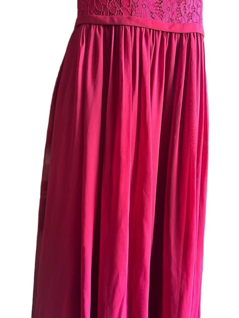 Azazie One Shoulder Maxi Dress Size 12 Hot Pink Lace Chiffon 4