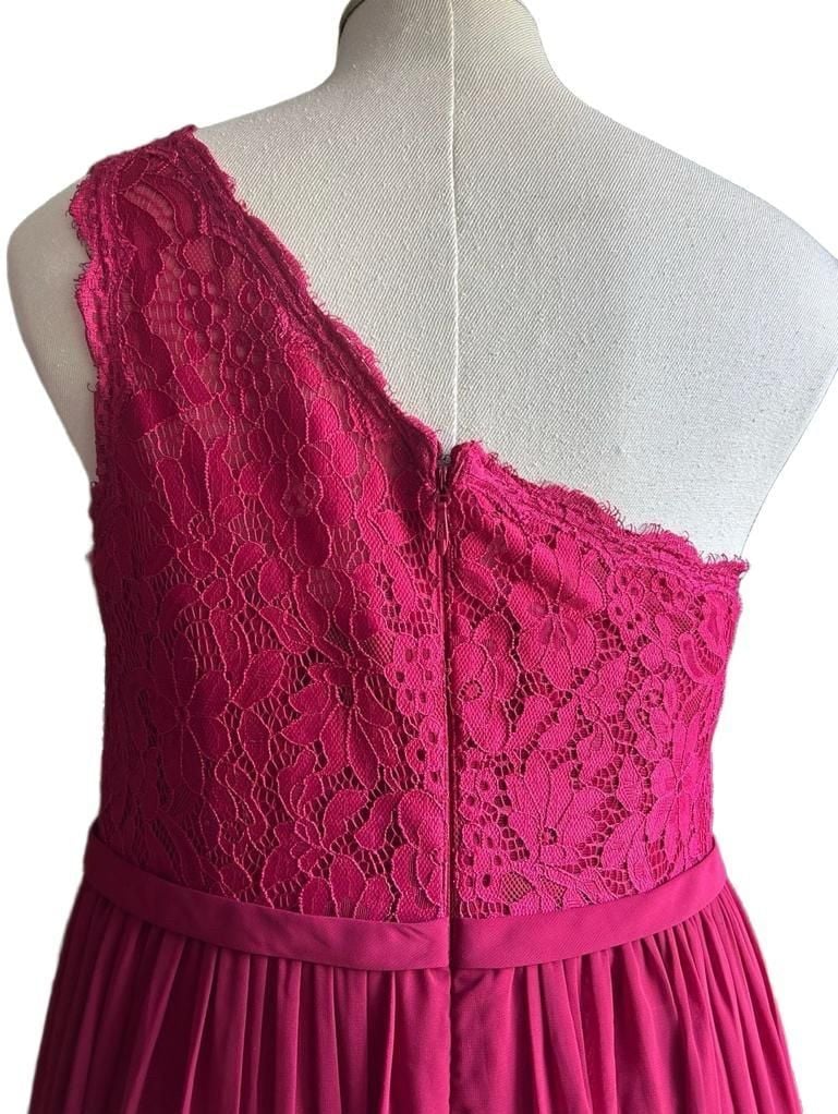 Azazie One Shoulder Maxi Dress Size 12 Hot Pink Lace Chiffon 6