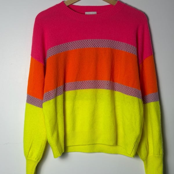 Brodie Cashmere Colorblock Sweater Pink, Orange, and Yellow Sweater