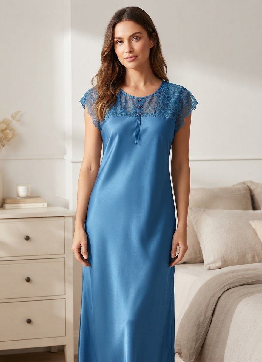 Skkinvalue Nightgown Size M/L Blue Silky Lace 2