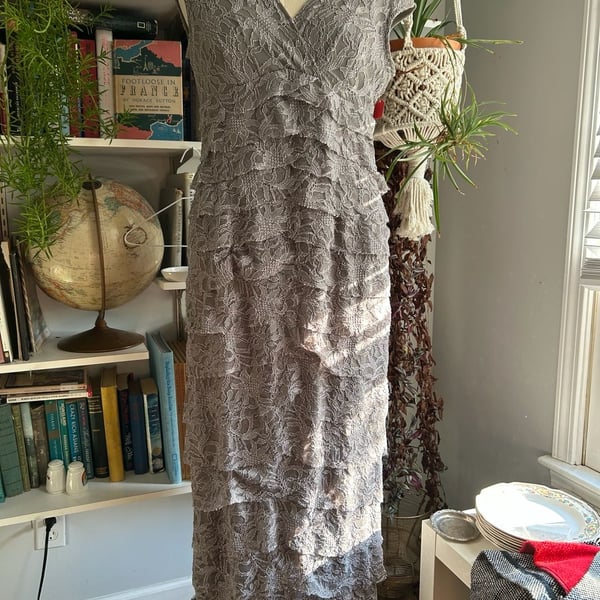 Jessica Howard Lace Dress Size 12 Gray Metallic Tiered Maxi Evening Gown
