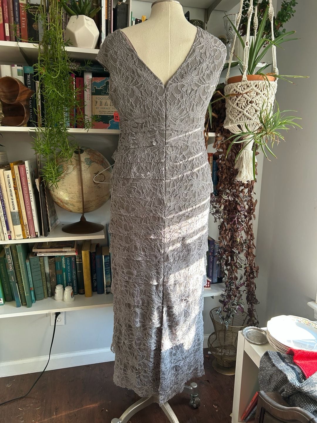 Jessica Howard Lace Dress Size 12 Gray Metallic Tiered Maxi Evening Gown 4