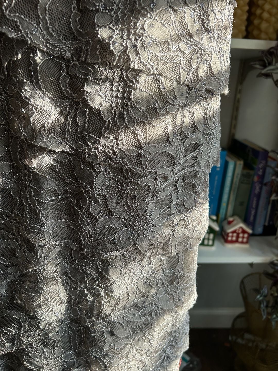 Jessica Howard Lace Dress Size 12 Gray Metallic Tiered Maxi Evening Gown 6