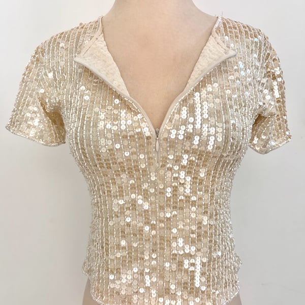Vintage 1990s Mondi Sequin Beaded Short Sleeve Cropped Top Size SM Gold Zip Neck
