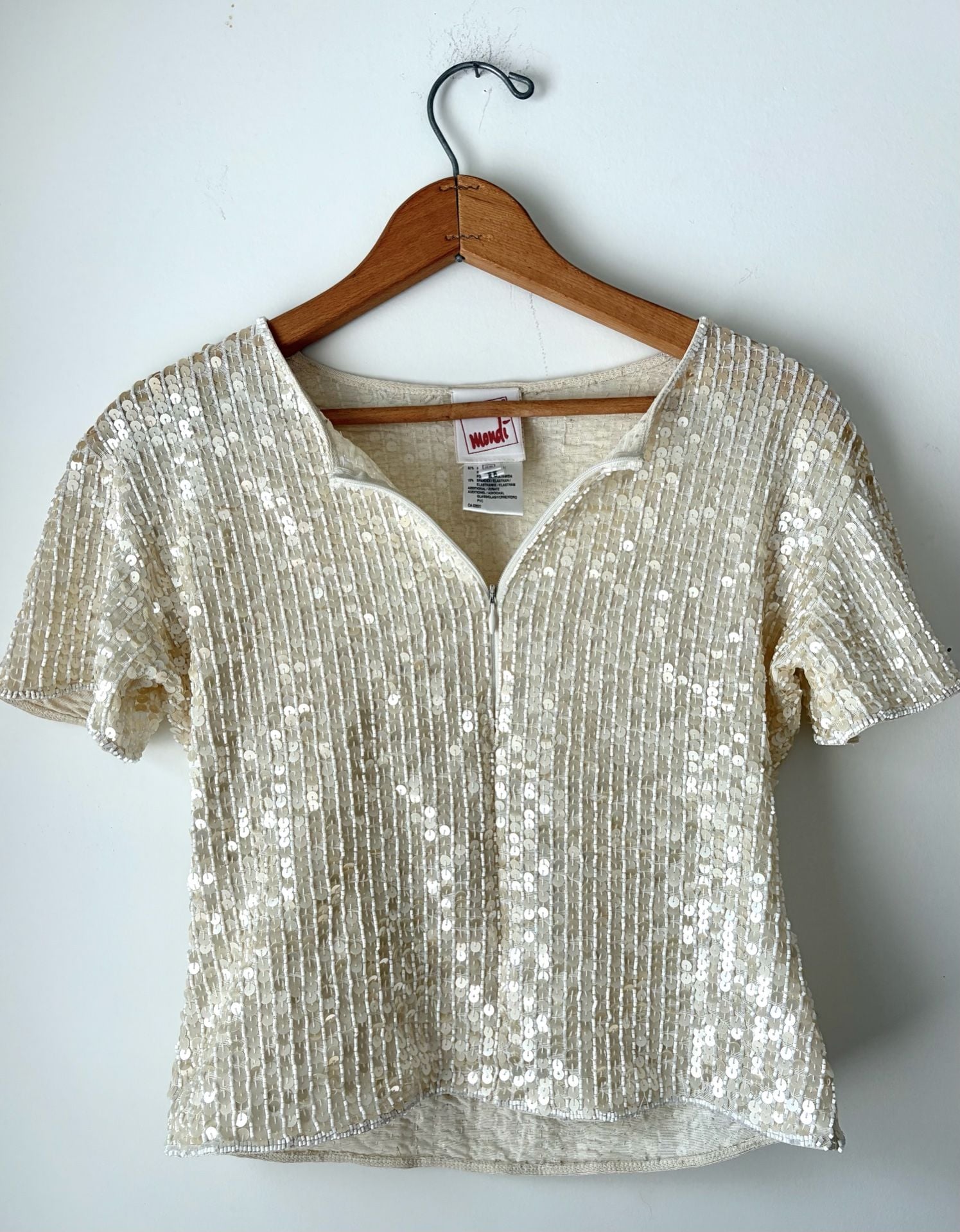Vintage 1990s Mondi Sequin Beaded Short Sleeve Cropped Top Size SM Gold Zip Neck 5