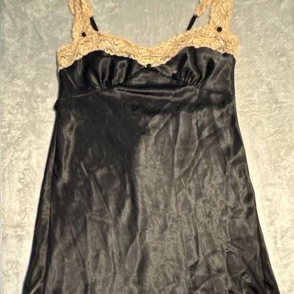 Victoria's Secret Chemise women’s L Black Satin Lace Trim Nightie Slip Dress
