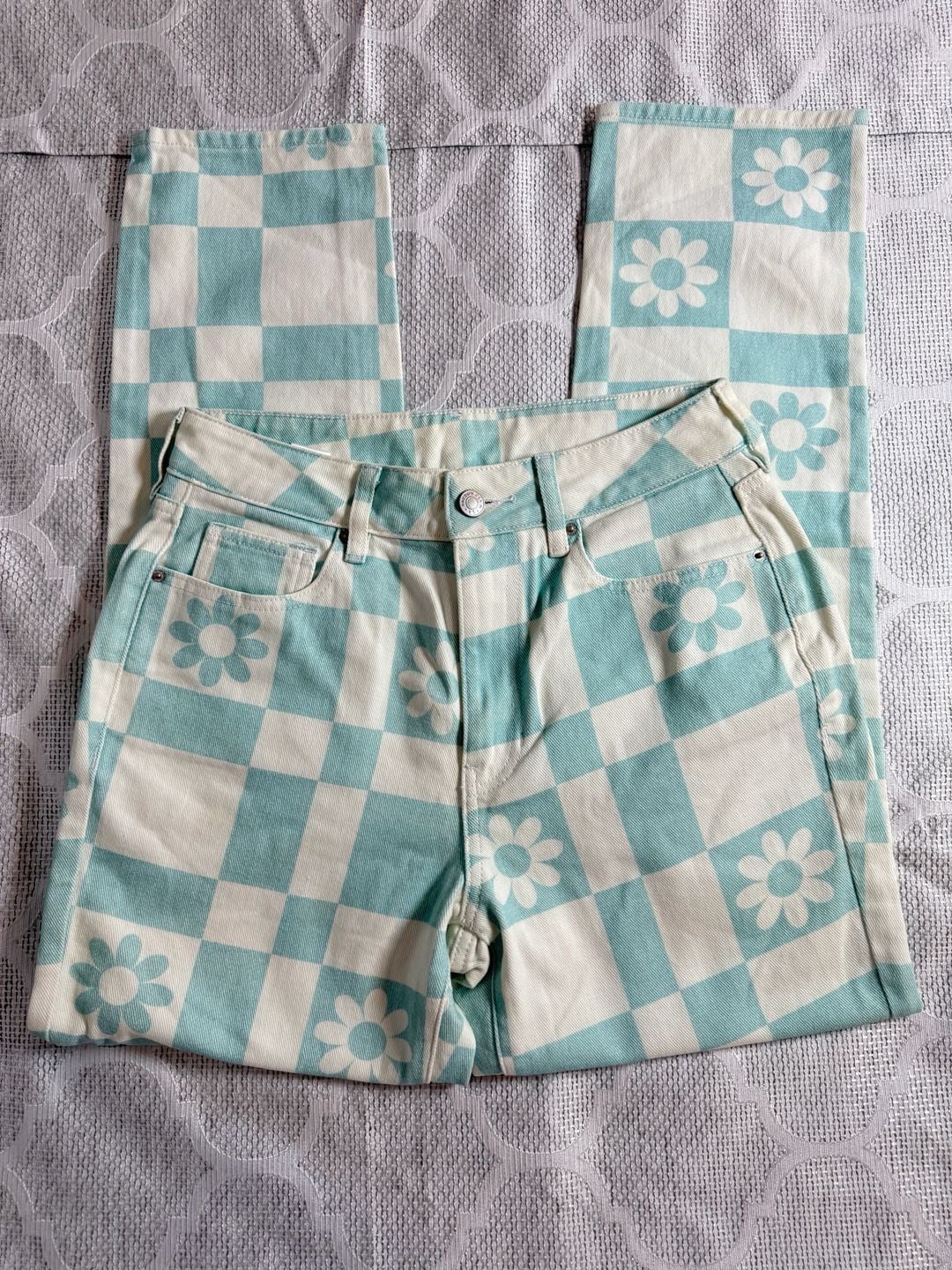 PacSun Y2K Checkered Daisy Print Carpenter Denim Pants 2