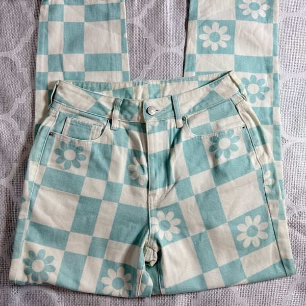 PacSun Y2K Checkered Daisy Print Carpenter Denim Pants