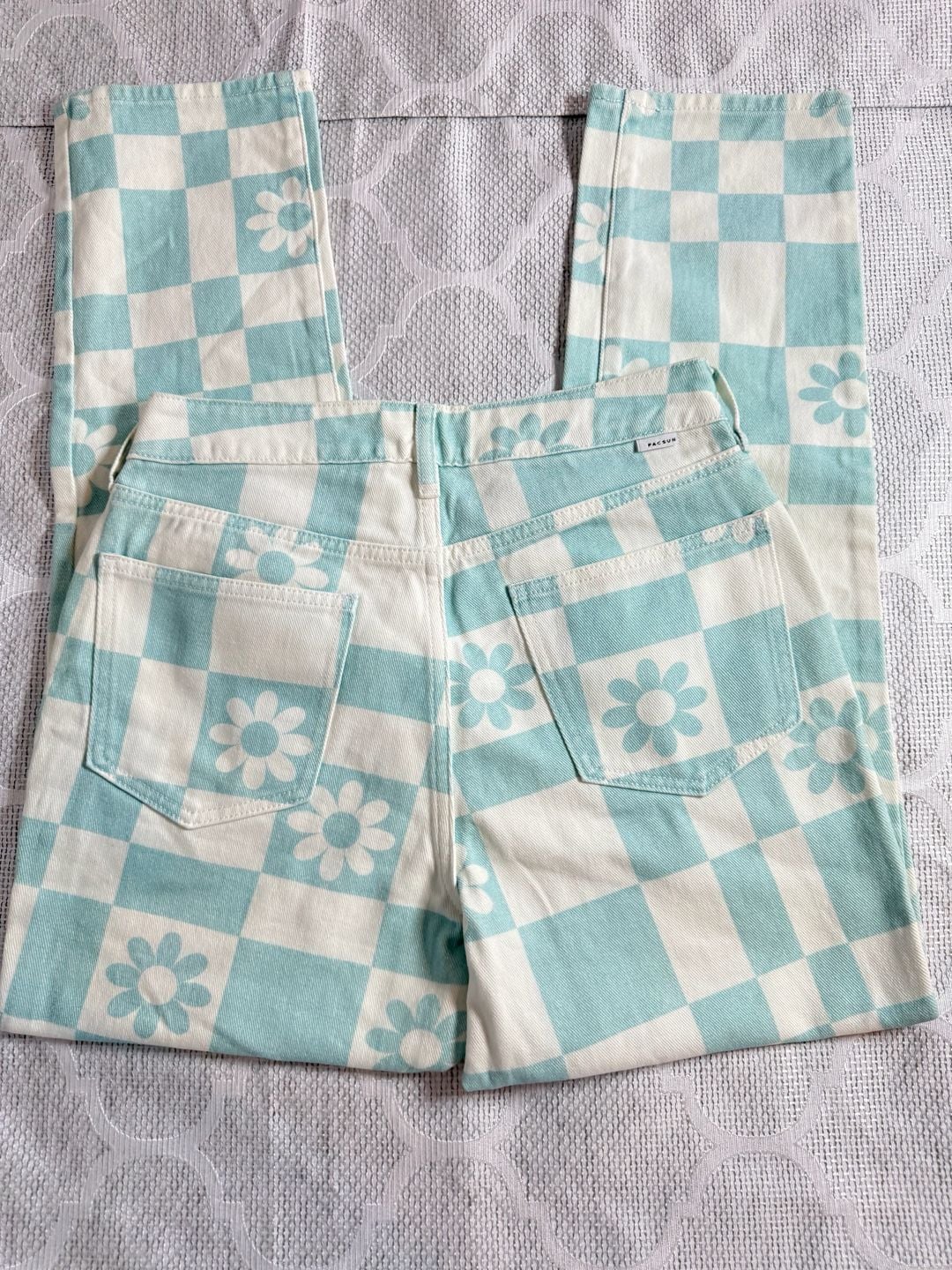 PacSun Y2K Checkered Daisy Print Carpenter Denim Pants 3