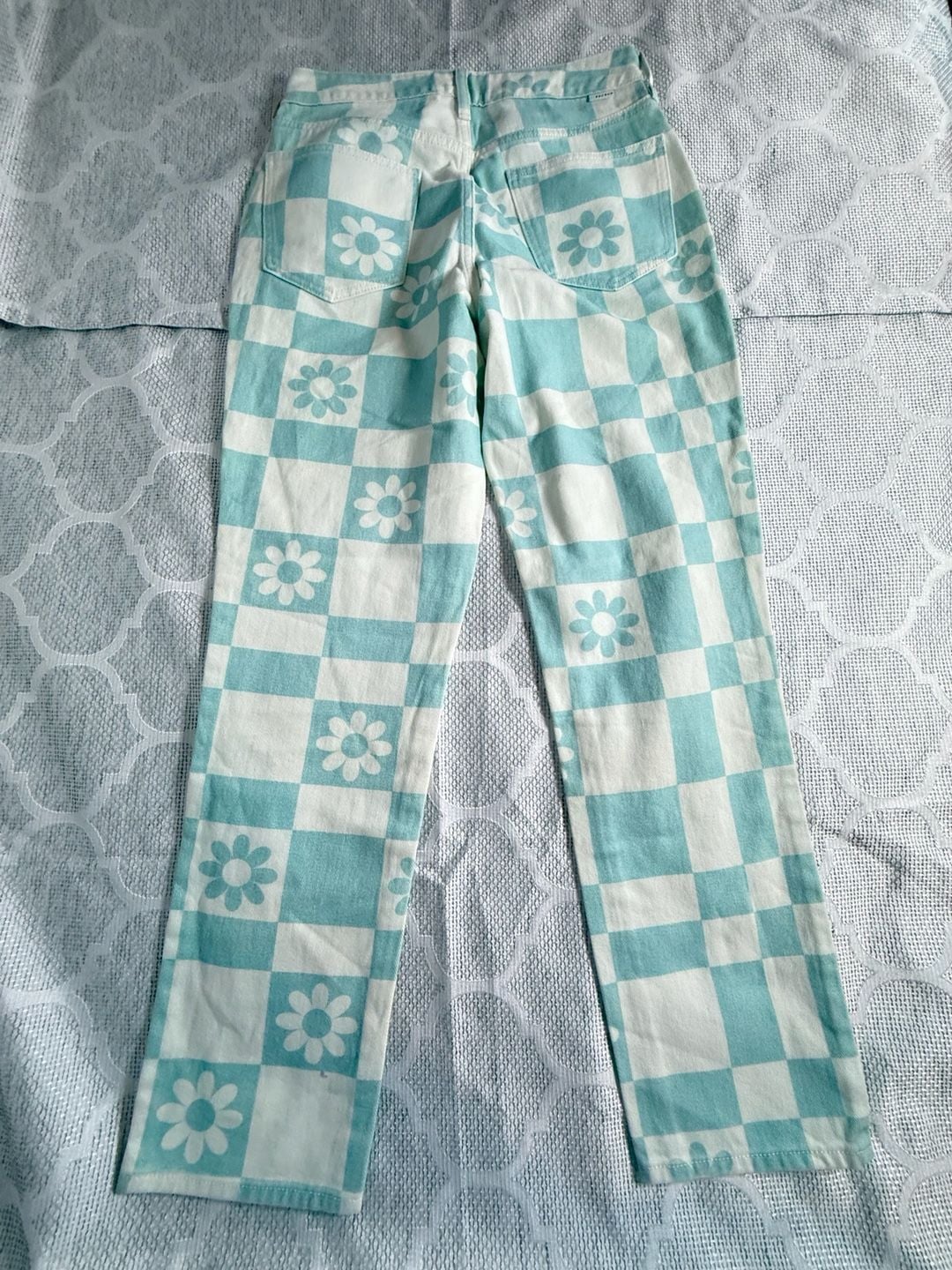 PacSun Y2K Checkered Daisy Print Carpenter Denim Pants 4