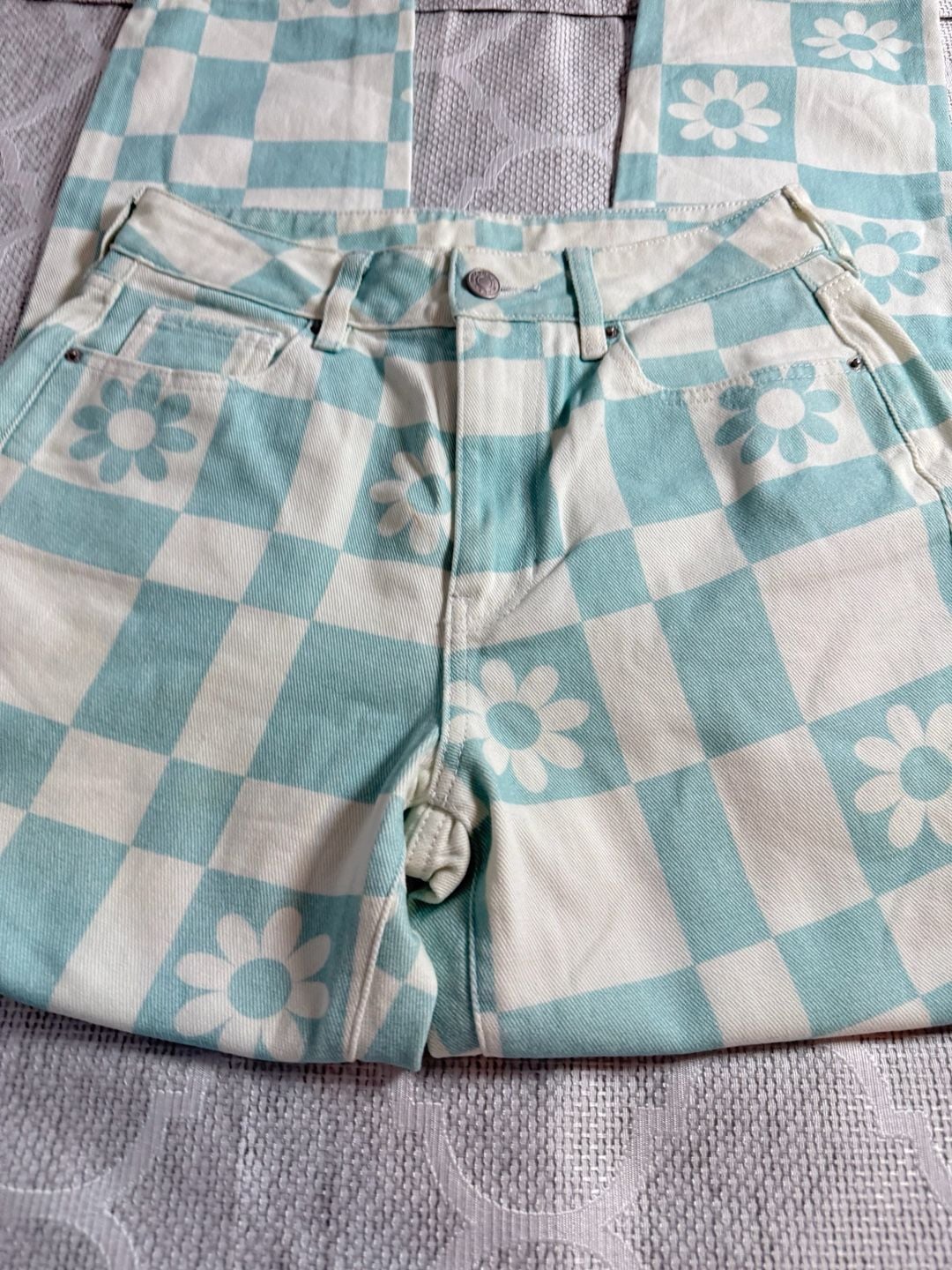 PacSun Y2K Checkered Daisy Print Carpenter Denim Pants 6