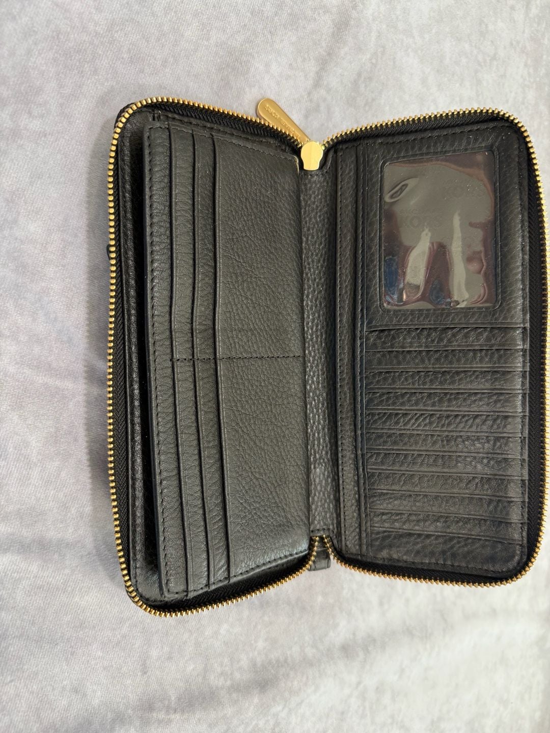 Michael Kors Jet Set Continental Wallet Black Pebbled Leather Gold Logo Zip 3