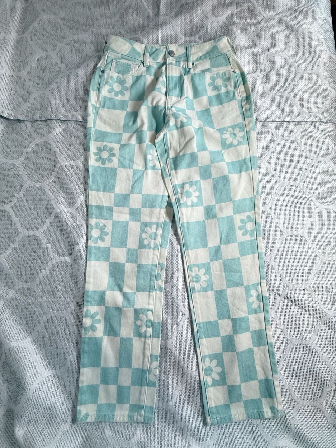 PacSun Y2K Checkered Daisy Print Carpenter Denim Pants 5