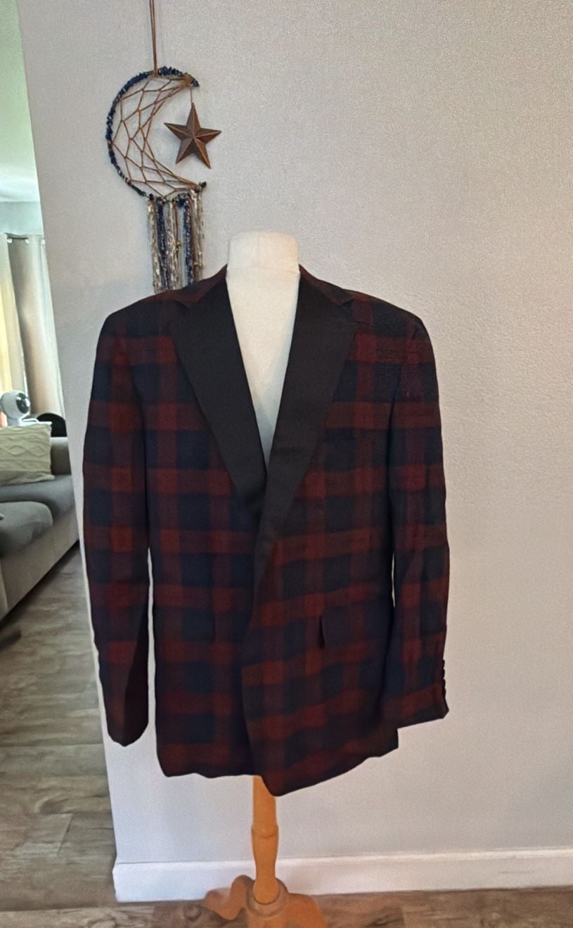 Nordstrom Plaid Tuxedo Dinner Jacket Burgundy Black Satin Shawl Collar 2