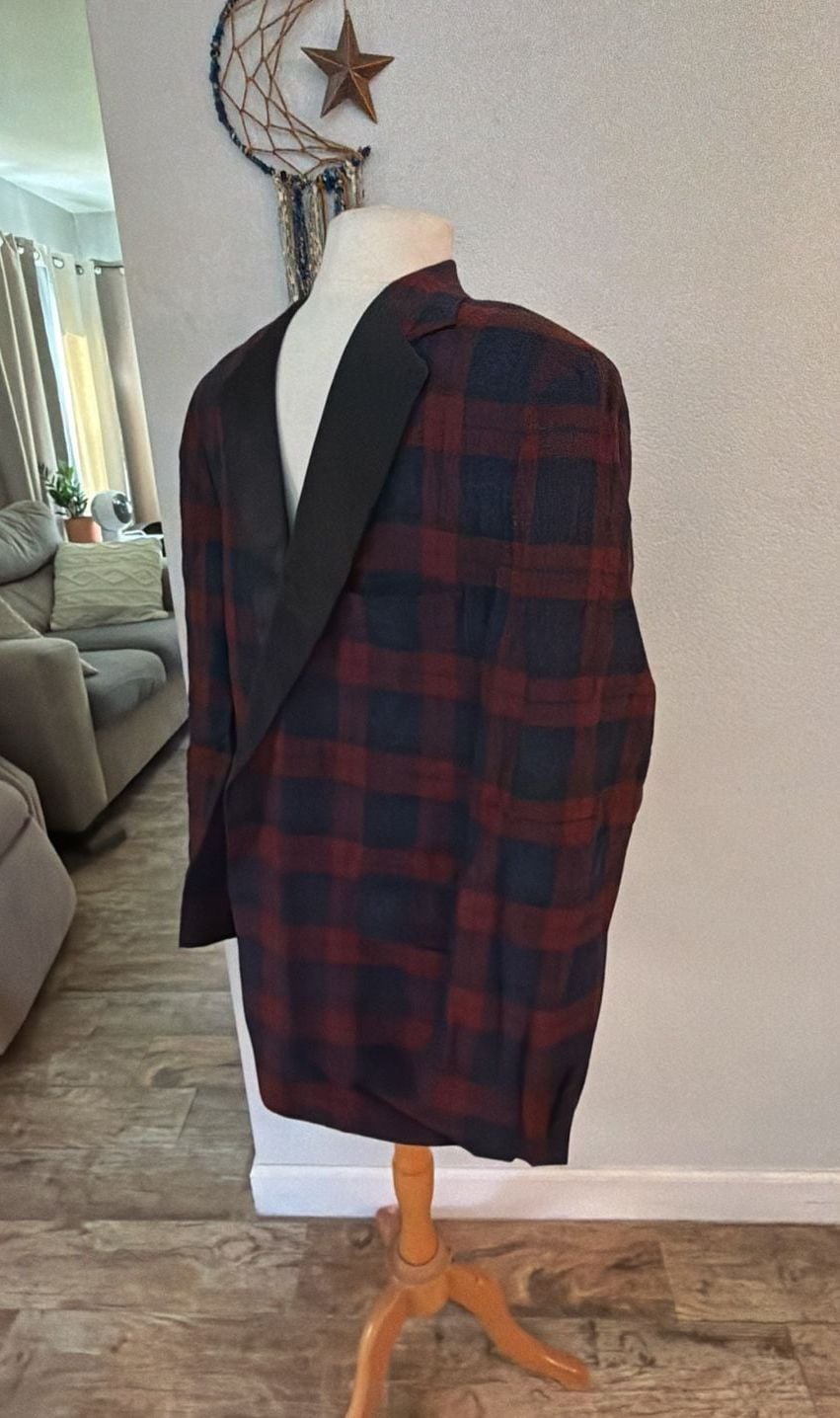 Nordstrom Plaid Tuxedo Dinner Jacket Burgundy Black Satin Shawl Collar 3