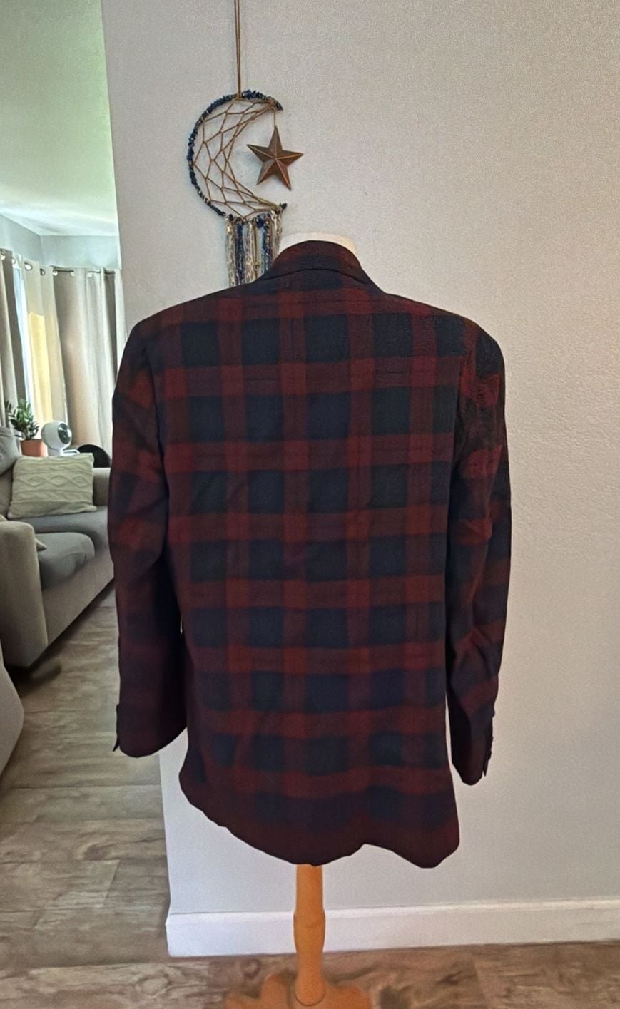 Nordstrom Plaid Tuxedo Dinner Jacket Burgundy Black Satin Shawl Collar 6