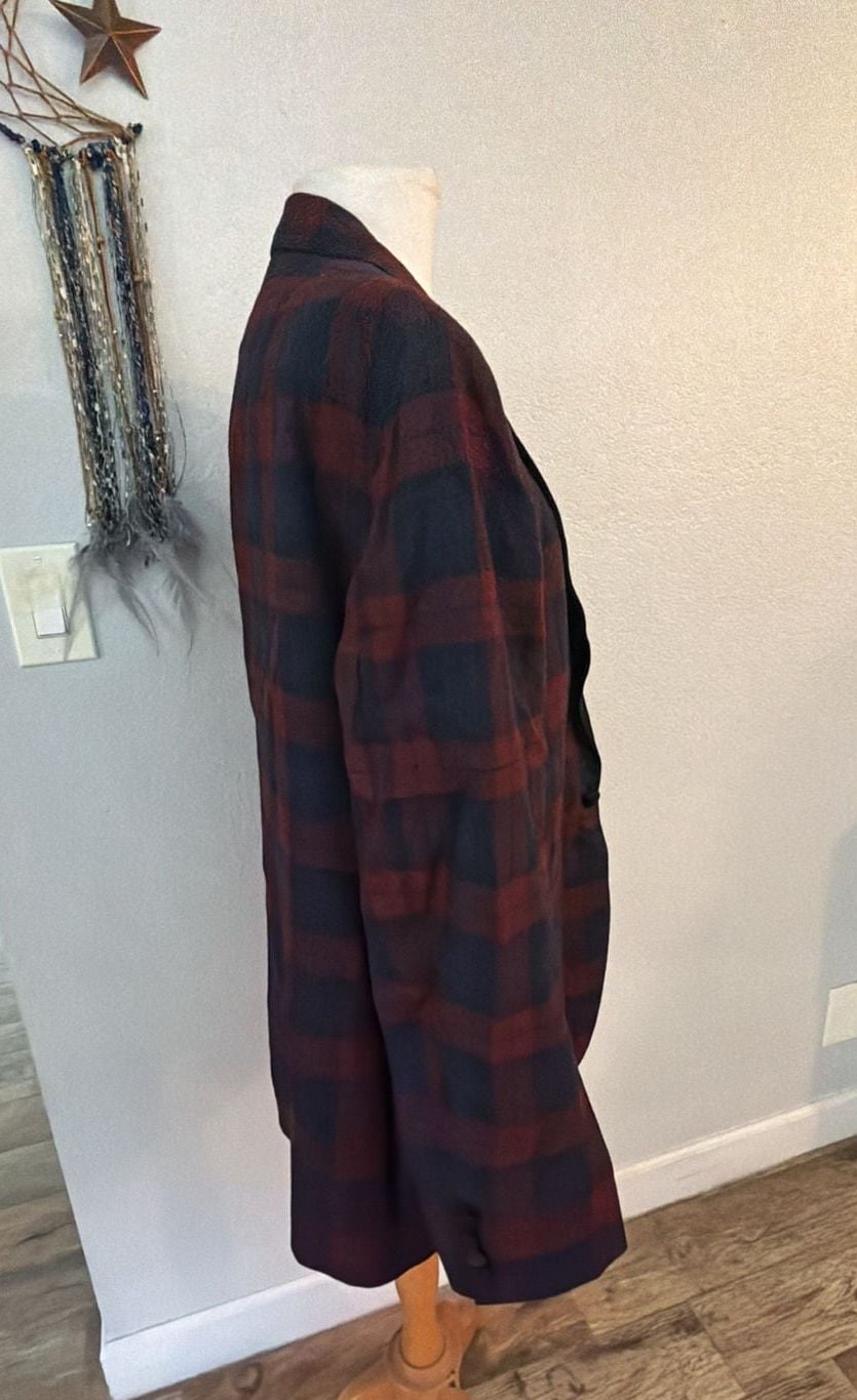 Nordstrom Plaid Tuxedo Dinner Jacket Burgundy Black Satin Shawl Collar 7