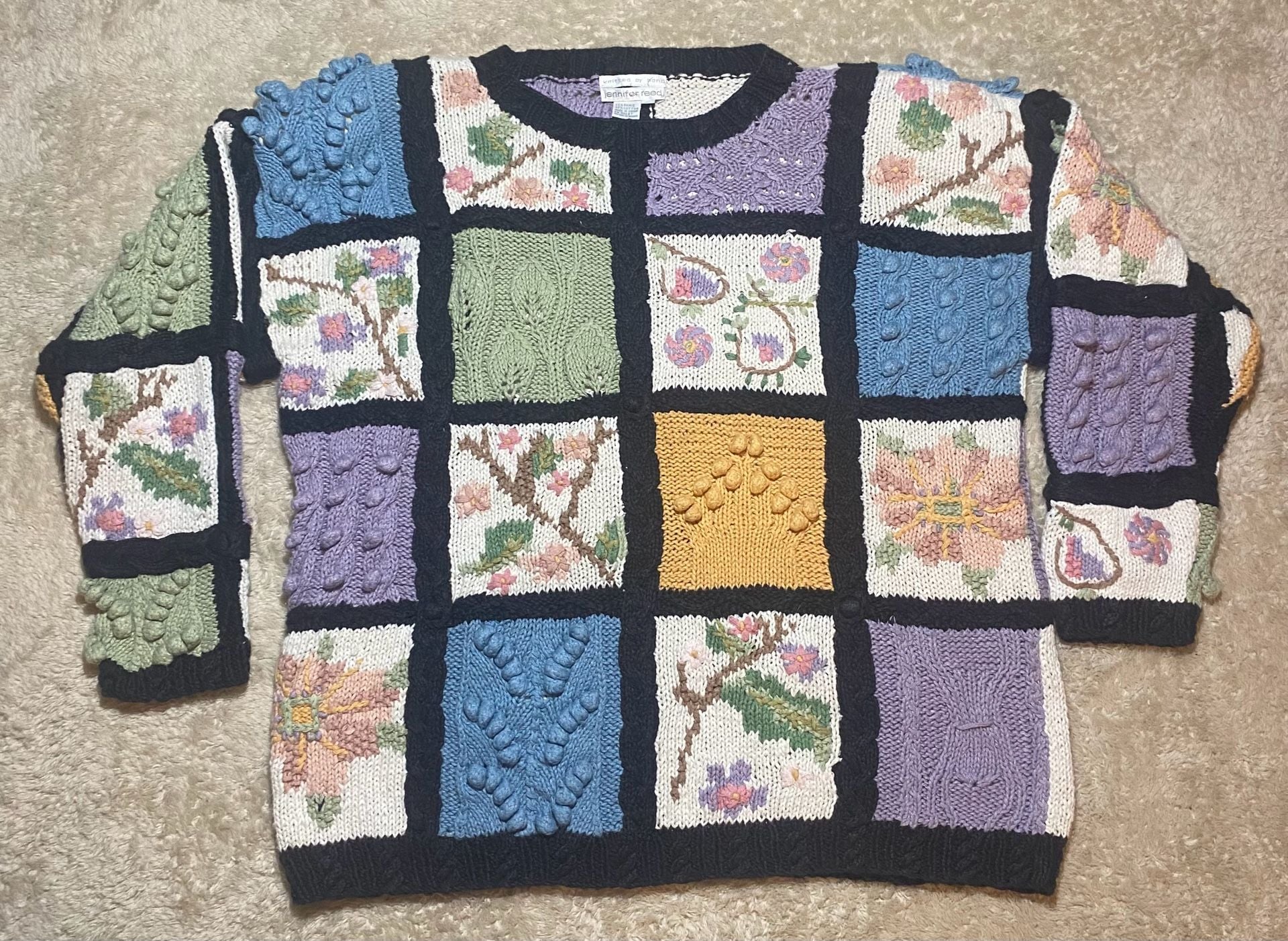 Vintage Jennifer Reed Hand Knit Patchwork Floral Sweater Women L Ramie Cotton 90s 2
