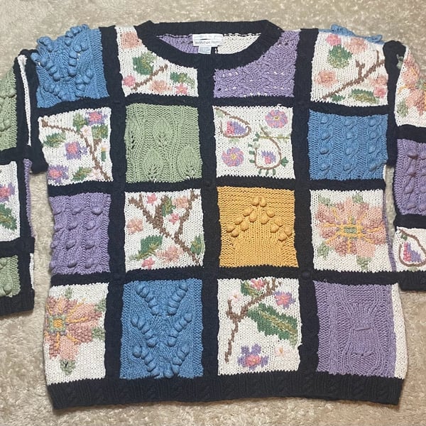 Vintage Jennifer Reed Hand Knit Patchwork Floral Sweater Women L Ramie Cotton 90s