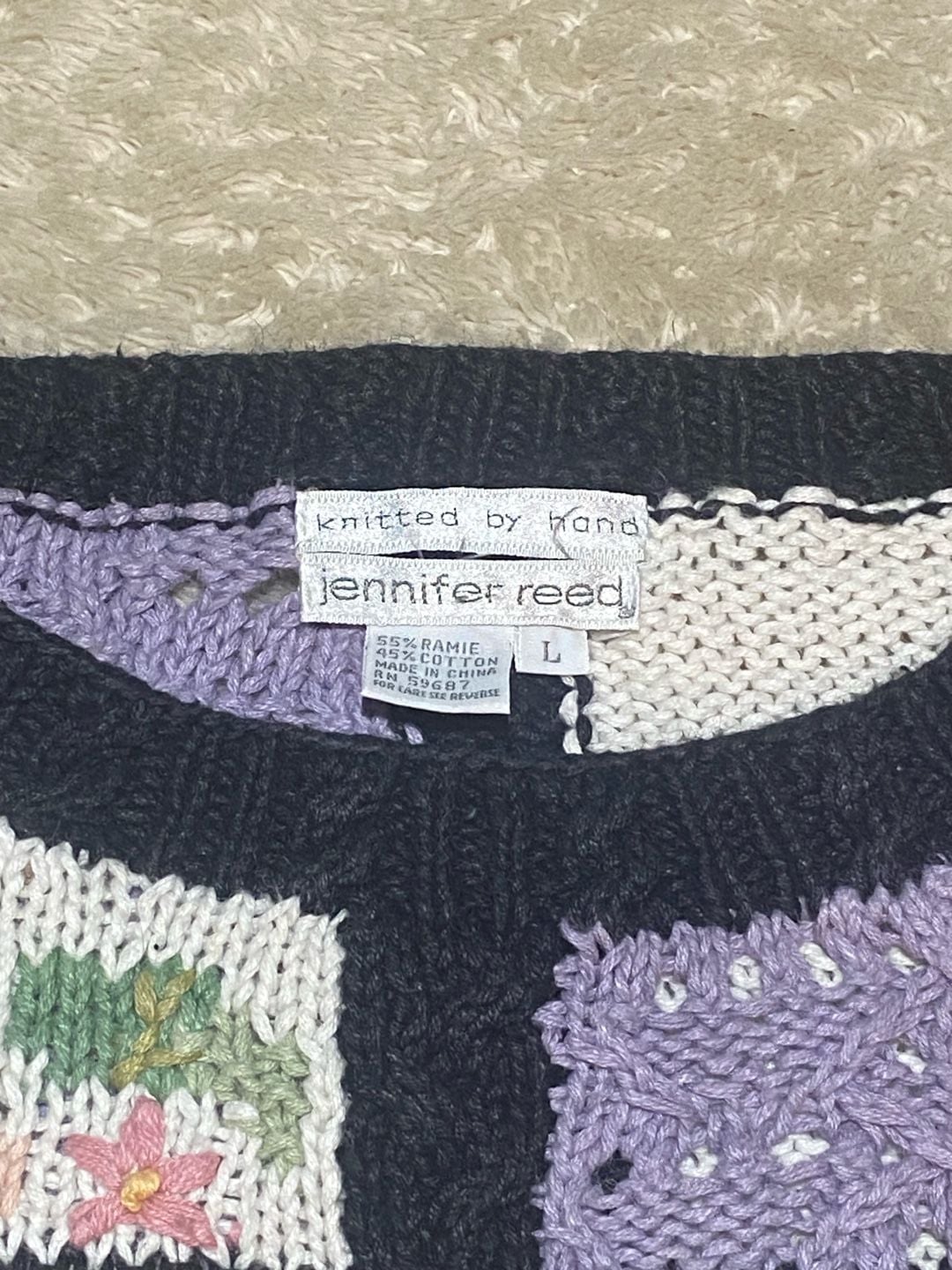 Vintage Jennifer Reed Hand Knit Patchwork Floral Sweater Women L Ramie Cotton 90s 3