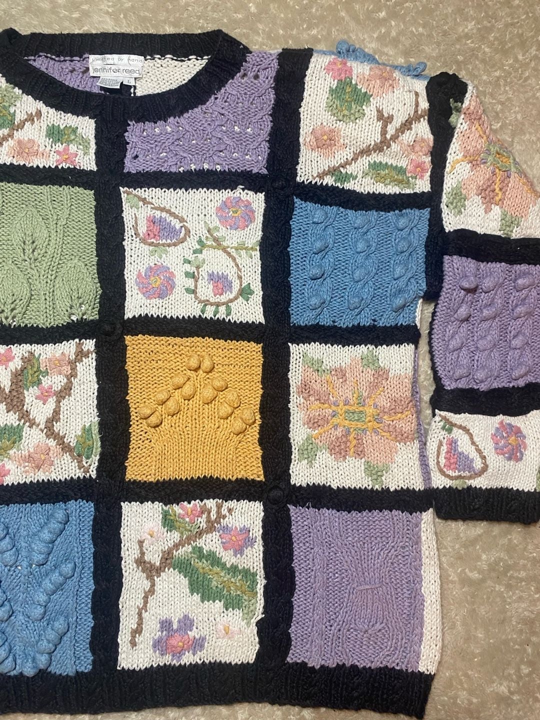 Vintage Jennifer Reed Hand Knit Patchwork Floral Sweater Women L Ramie Cotton 90s 5