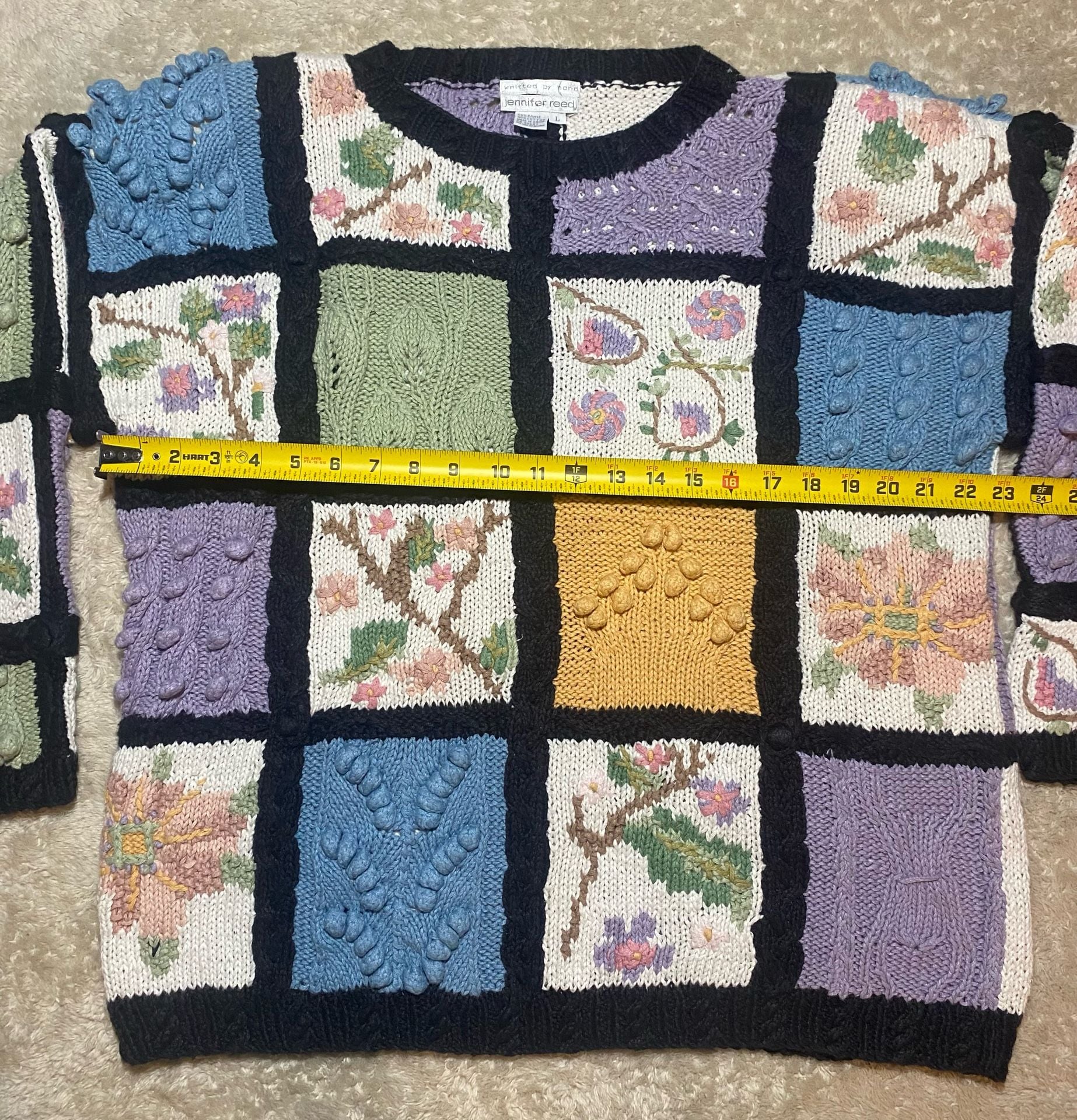Vintage Jennifer Reed Hand Knit Patchwork Floral Sweater Women L Ramie Cotton 90s 6