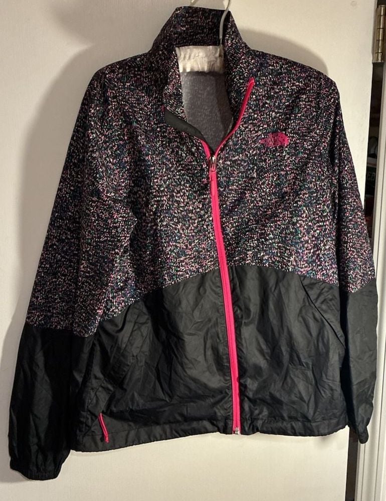 The North Face Womens Raincoat Black Pink Geometric Full Zip Pockets Logo M 3