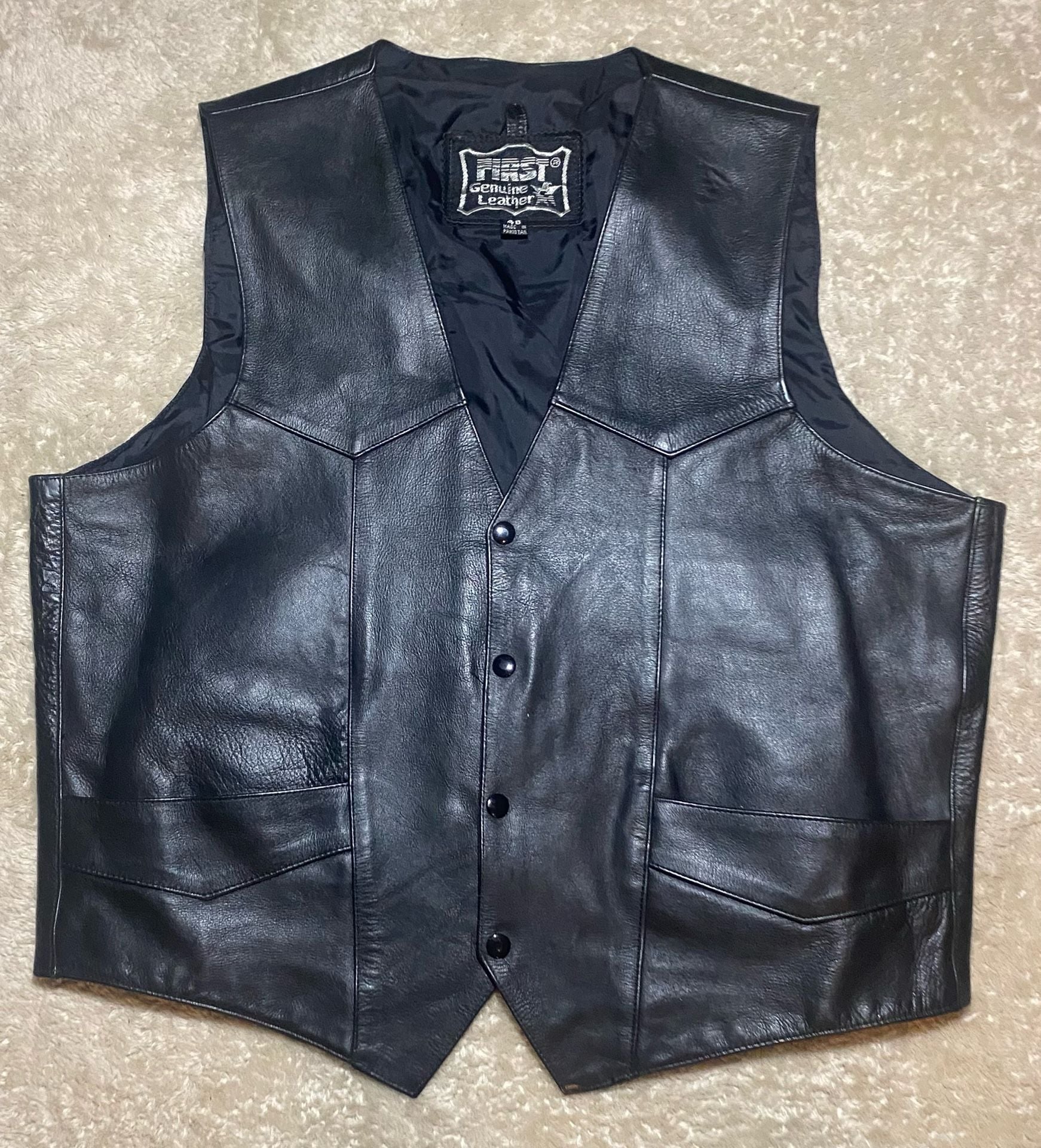 Men’s Genuine Leather Vest Size 48 Black Motorcycle Biker Western Snap Front 2