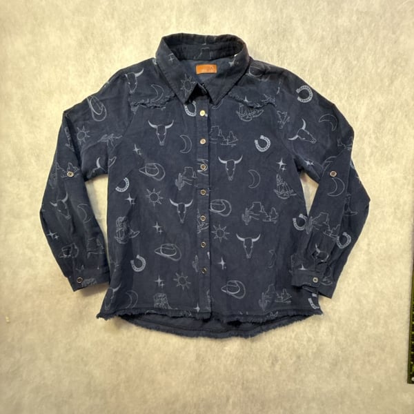 Umgee Corduroy Western Print Shirt Size M Blue Sun Skull Cactus