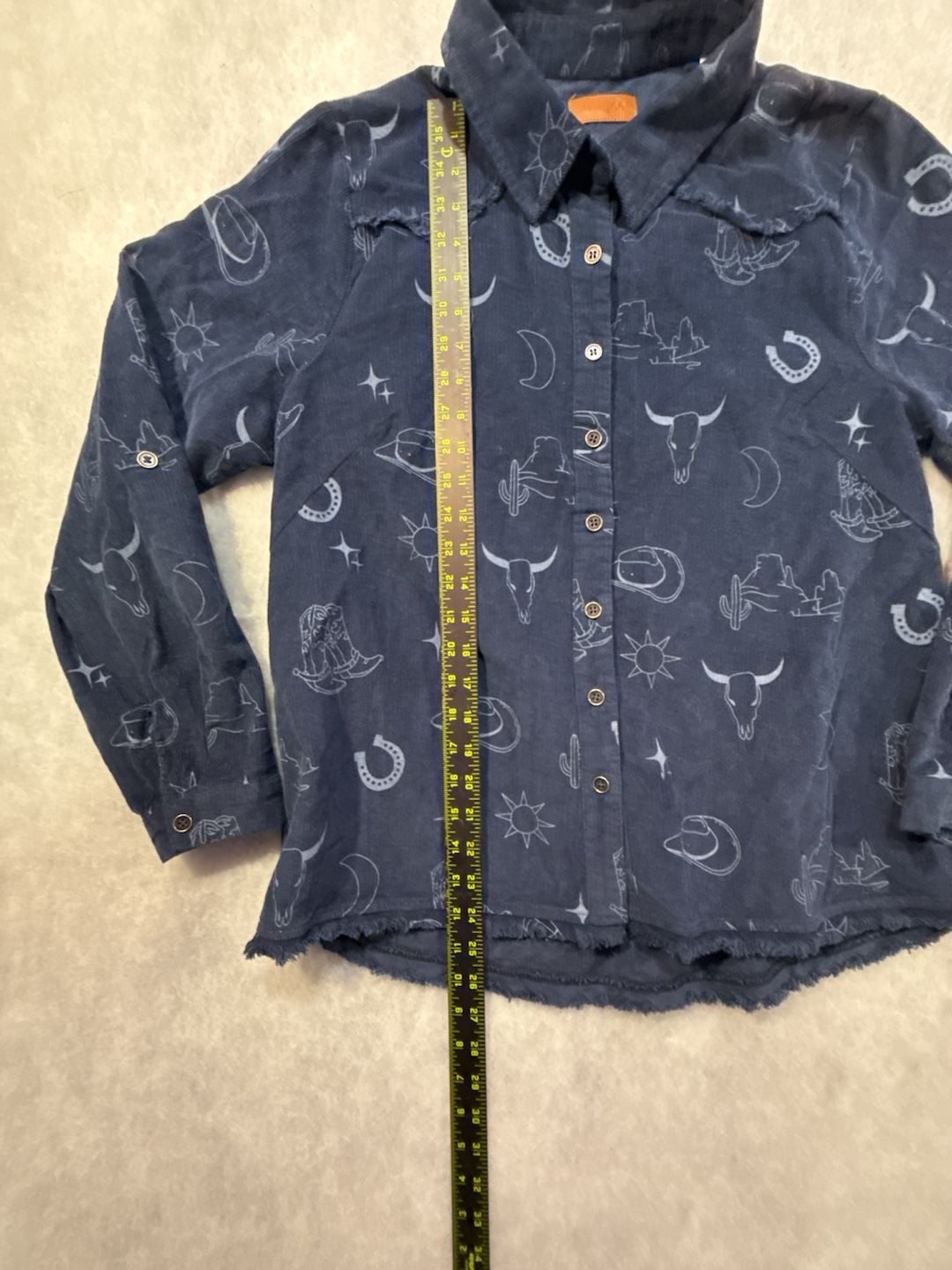 Umgee Corduroy Western Print Shirt Size M Blue Sun Skull Cactus 7