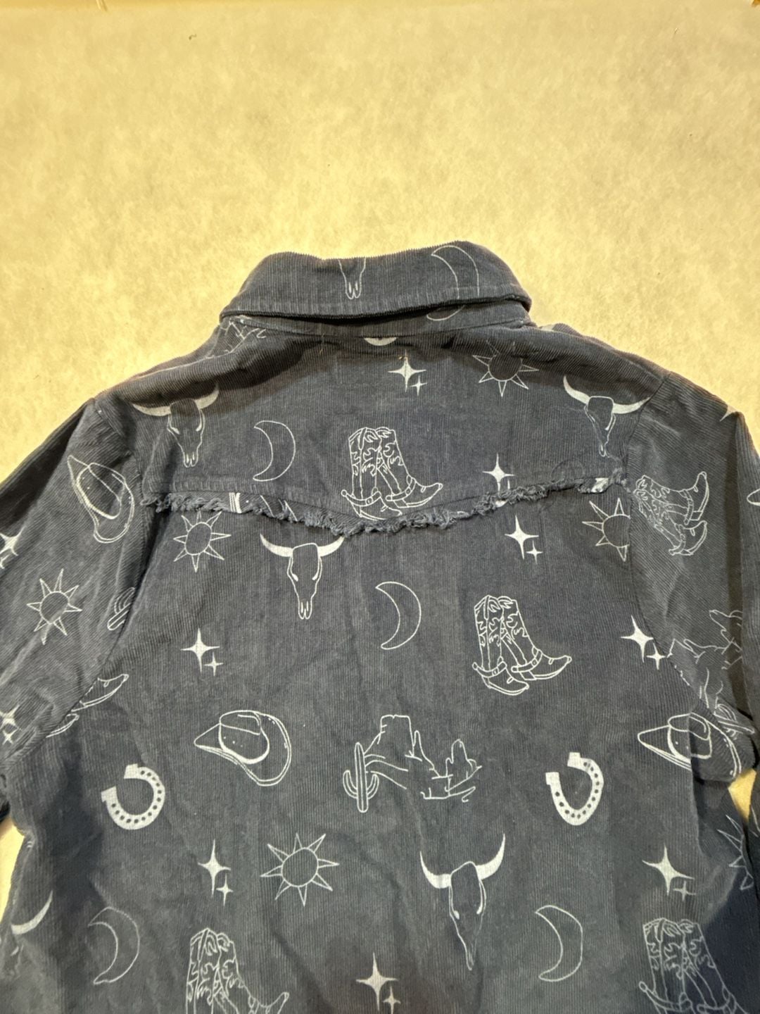 Umgee Corduroy Western Print Shirt Size M Blue Sun Skull Cactus 12