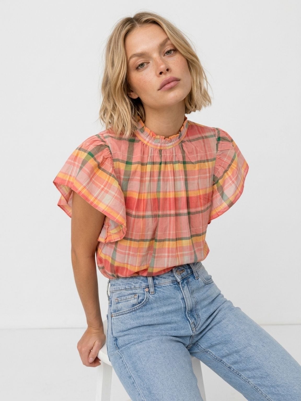 Trovata Carla High Neck Shirt Extra Small Pink Plaid Flutter Sleeve 2
