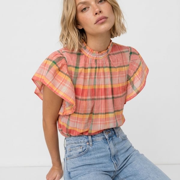 Trovata Carla High Neck Shirt Extra Small Pink Plaid Flutter Sleeve