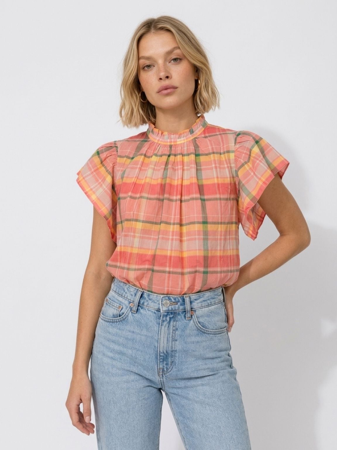 Trovata Carla High Neck Shirt Extra Small Pink Plaid Flutter Sleeve 3