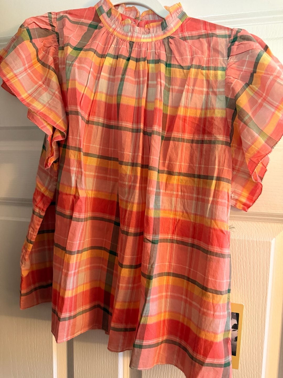Trovata Carla High Neck Shirt Extra Small Pink Plaid Flutter Sleeve 8