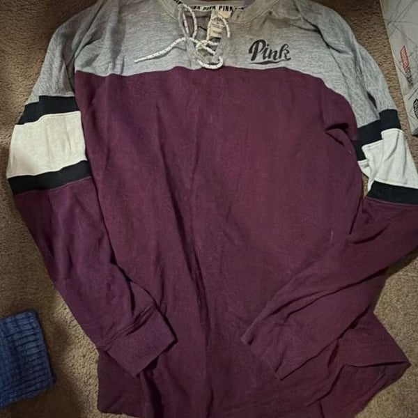 PINK Victoria's Secret Long Sleeve Lace-Up Shirt Size XS Gray Maroon