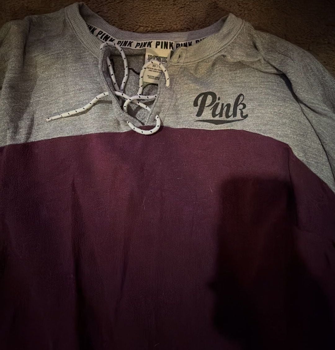 PINK Victoria's Secret Long Sleeve Lace-Up Shirt Size XS Gray Maroon 3