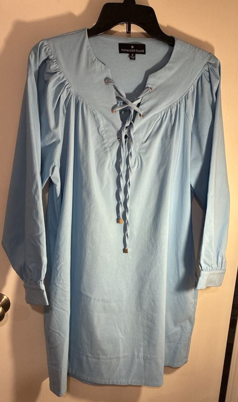 Pomander Place Dress Size M Light Blue Cotton Lace-Up Mini Dress 2