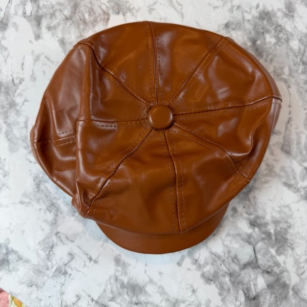 Faux Leather Newsboy Cap Brown Octagonal Cabbie Hat