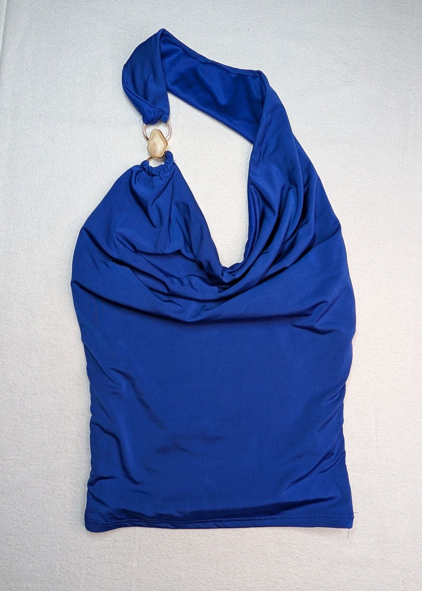 21 Saints Halter Top Size XS Blue Draped Cowl Neck Gold Ring Hardware 2