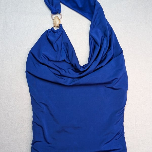 21 Saints Halter Top Size XS Blue Draped Cowl Neck Gold Ring Hardware
