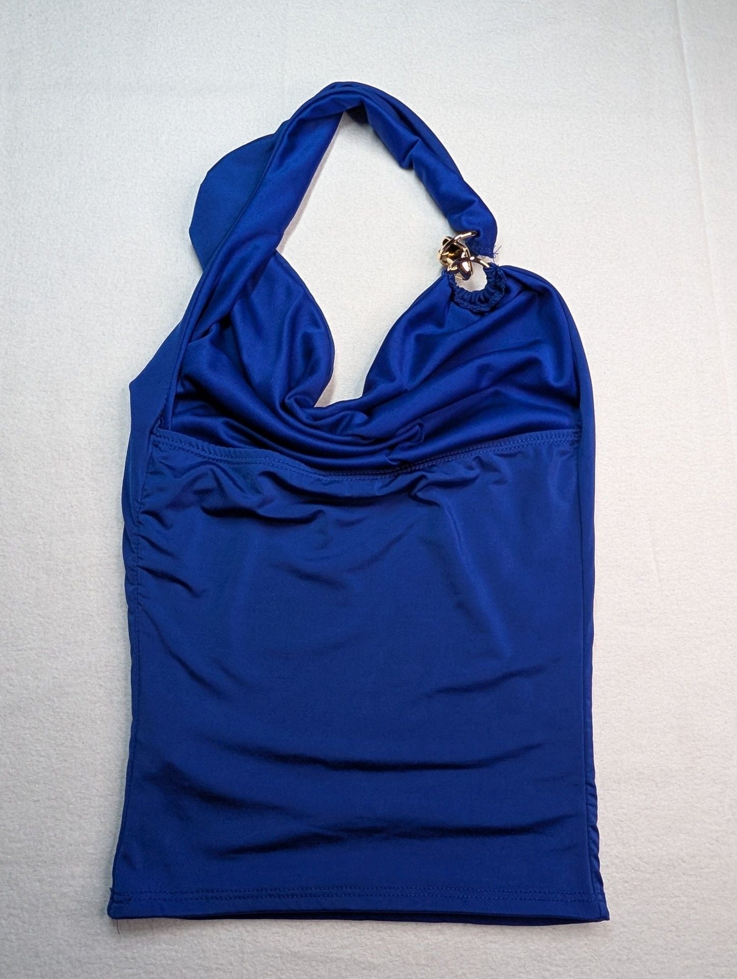 21 Saints Halter Top Size XS Blue Draped Cowl Neck Gold Ring Hardware 3
