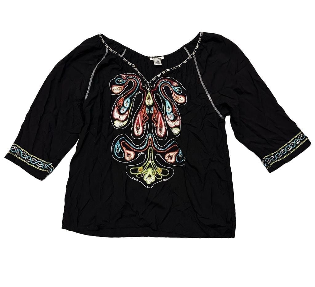 Krista Lee Embroidered Blouse Size XL Black Bohemian Peasant Top 2