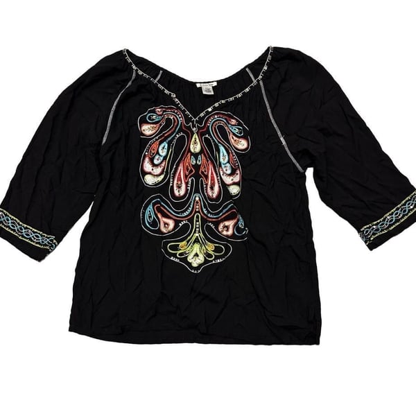 Krista Lee Embroidered Blouse Size XL Black Bohemian Peasant Top