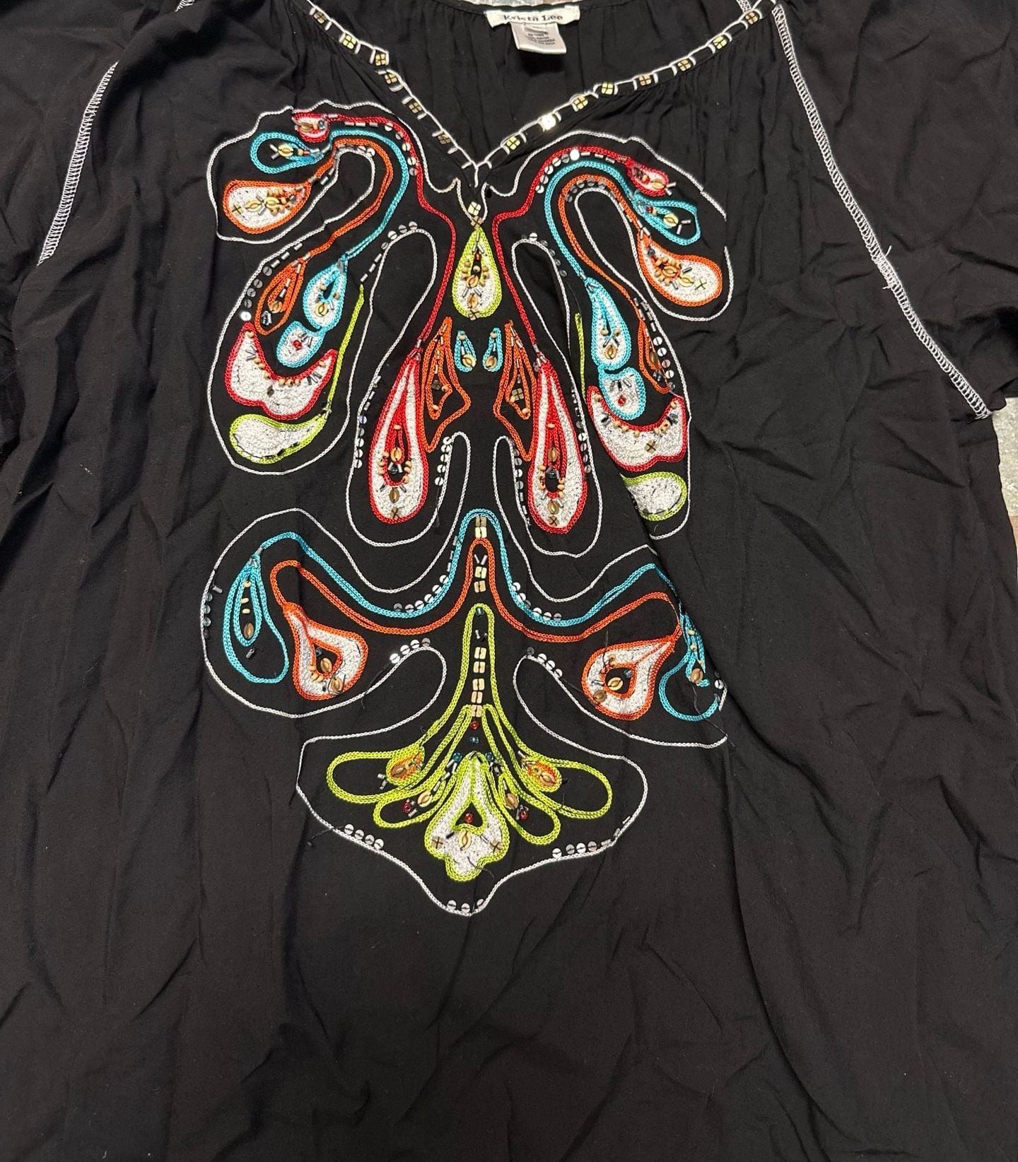 Krista Lee Embroidered Blouse Size XL Black Bohemian Peasant Top 5