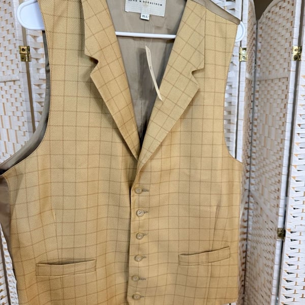John W. Nordstrom Vest XLL Gold Tan Check Plaid Lapel Waistcoat