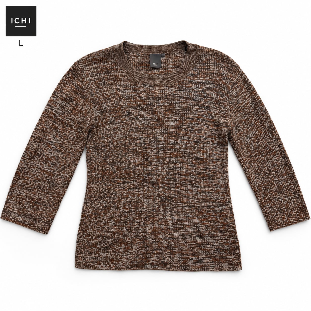 ICHI Open Knit Jumper Size L Brown Mélange Pullover Sweater 2