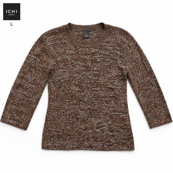 ICHI Open Knit Jumper Size L Brown Mélange Pullover Sweater