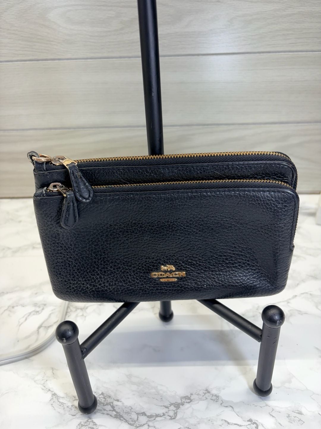 Coach Double Zip Wallet Wristlet Black Leather 2
