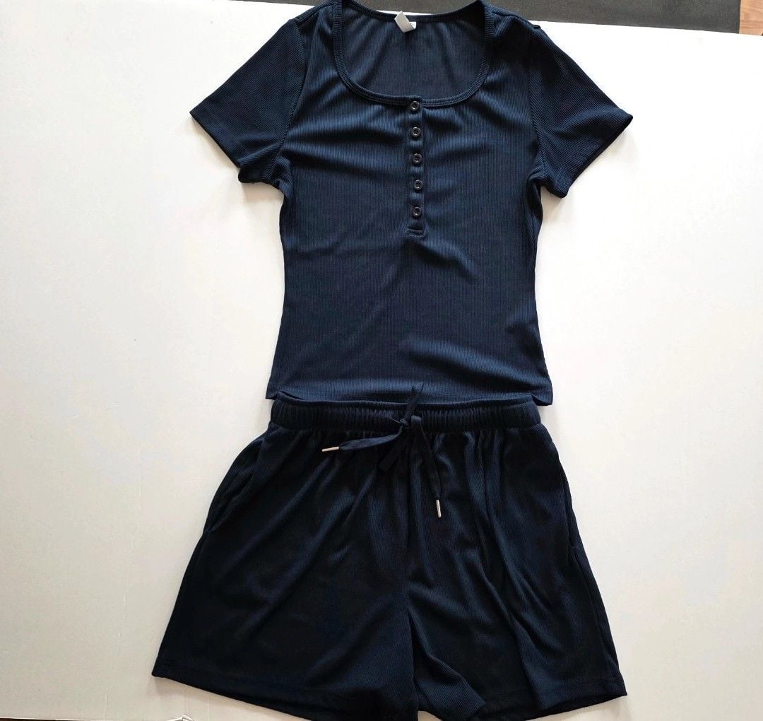 PrettyGarden Loungewear Set Size S Navy Ribbed Short Sleeve Henley Shorts 1